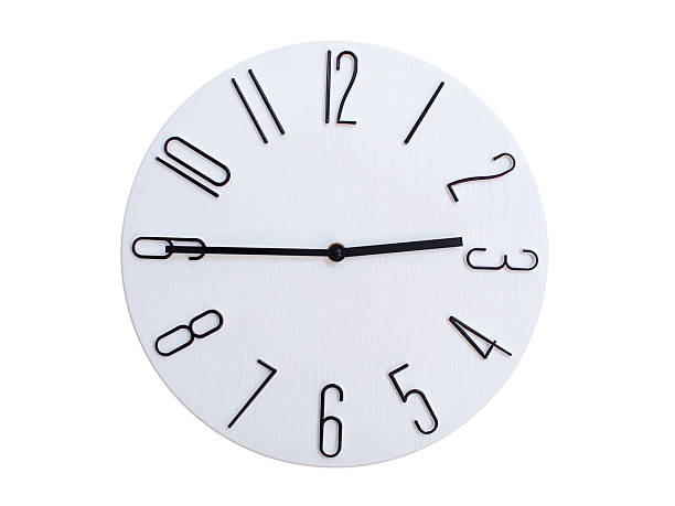 Minimalist Round Wall Clock Showing 02:45 or 14:45. Thin Black Numerals on White Wood Background.