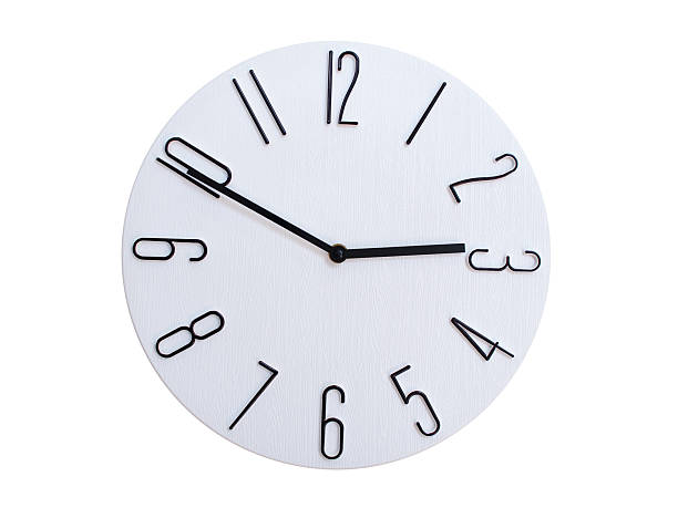 Minimalist Round Wall Clock Showing 02:50 or 14:50. Thin Black Numerals on White Wood Background.