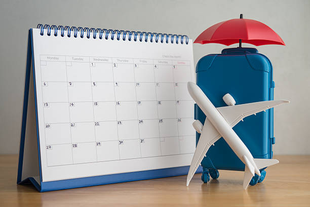 Airplane, suitcase, red umbrella and white calendar.