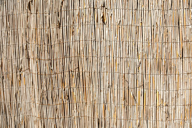 Close-up details texture shot of twisted brown raffia cord basket weaving pattern background.