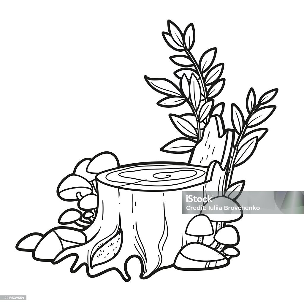 Stump Activity Big Stump With Toadstools And New Tree Shoots Linear Drawing For ...