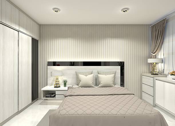 istock 3D design of a bed and headboard panel for bedroom interiors. 2214539961