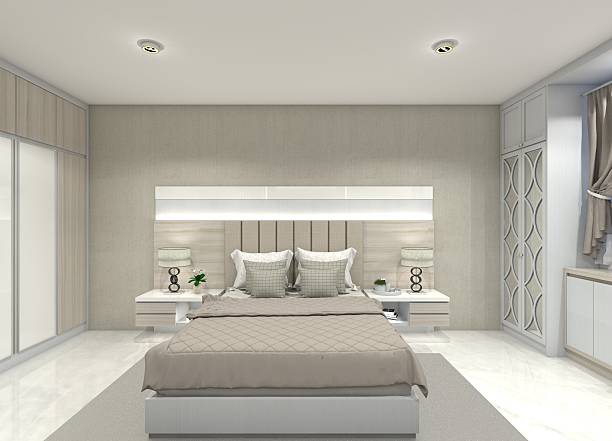 istock 3D design of a bed and headboard panel for bedroom interiors. 2214539966