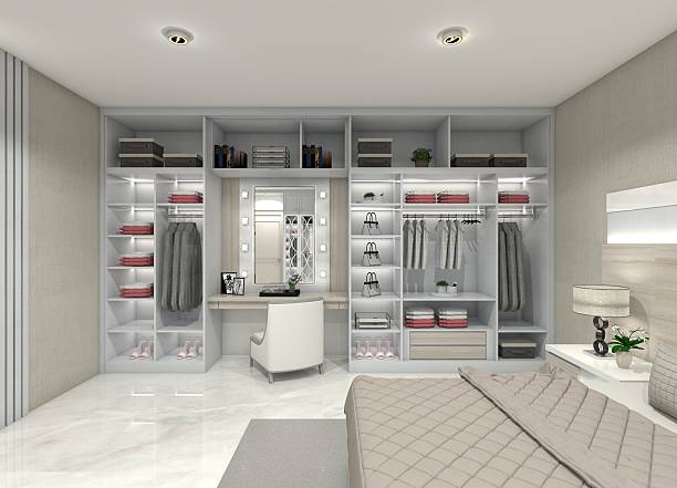 istock 3D design for an open wardrobe and dressing table without doors. 2214540019