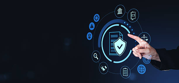 istock Digital compliance and data security icons with hand interacting on dark background. 2214546091