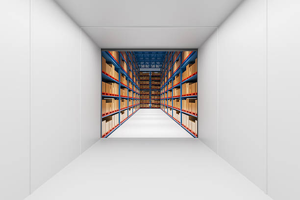 istock Warehouse interior with cardboard boxes on industrial shelves viewed from a white hallway, showcasing logistics and storage concept. 3D Rendering 2214546377