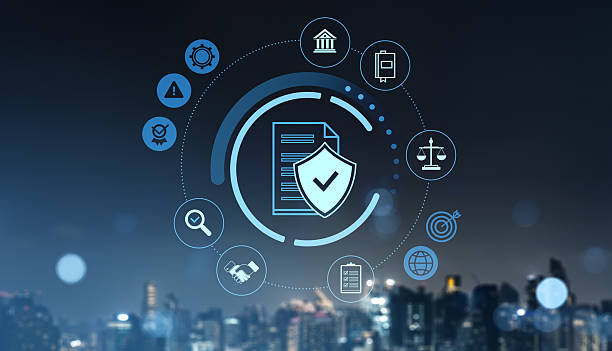 Data protection and compliance icons concept on digital interface over cityscape.