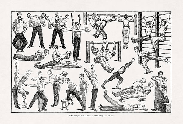 Illustration printed in a late 19th century French dictionary depicting some popular indoor gymnastic exercises.