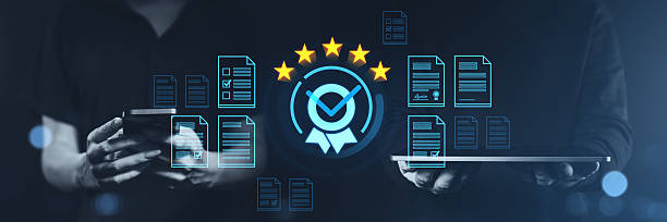 istock Digital compliance and certification concept with documents and quality check icons. 2214547491