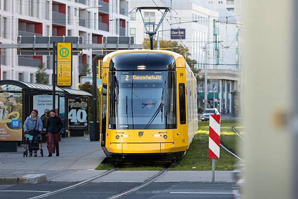 Dresden, New NGT DX DD tram at the stop Strassburger Platz in the city. Line 2 towards Kleinzschachwitz. City life and public transportation service DVB.