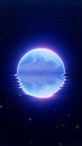 istock Surreal glowing blue planet with reflection on calm water in outer space. Ideal vertical fantasy or meditation-themed abstract illustration. 2214557419