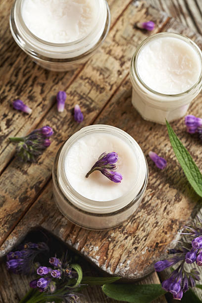 istock Jars of homemade comfrey root ointment with fresh symphytum plant 2214558584