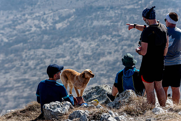 Hikers and their canine companion are taking a break on a rocky mountaintop, admiring the breathtaking view of the valley below, with one hiker pointing towards a distant landmark