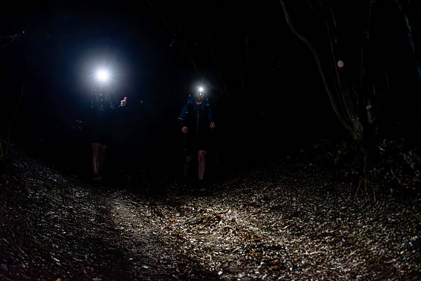 istock Hikers returning at night, illuminated by headlamps on a trail 2214560061