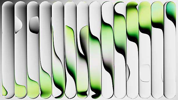 istock 3d render. Abstract background of fluted glass stripes and liquid pattern reflections. Modern wallpaper with ripple effect 2214561646