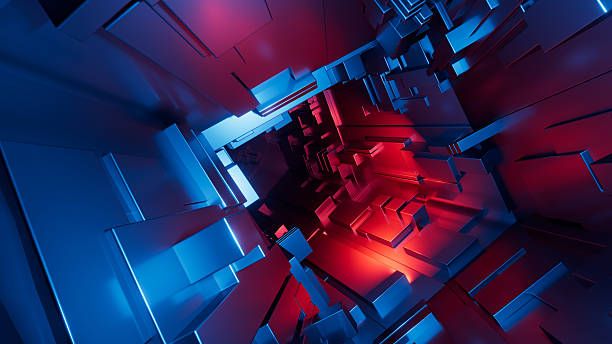 istock 3D rendering. Abstract futuristic geometric background. Volumetric blocks illuminated with blue and red neon light 2214562262