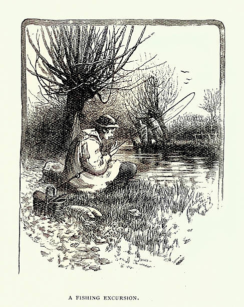 History angling, Man sitting by river with fishing rod, catching fish, vintage illustration, 19th Century 1890s