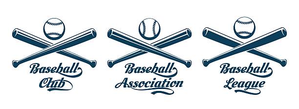Monochrome baseball emblem set. Ball and two crossed baseball bats with swooshes lettering isolated vector illustration