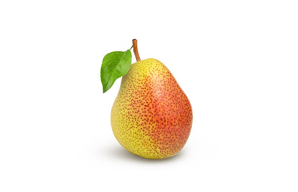 istock One red pear fruit with leaf on white background. Fresh yellow pear. 2214573931