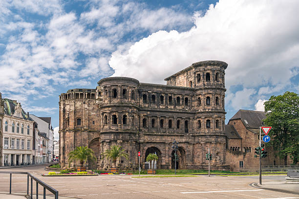 Summer cityscape of Trier, Rhineland-Palatinate, Moselle, Germany - June 2024: View of Porta Nigra town landmark