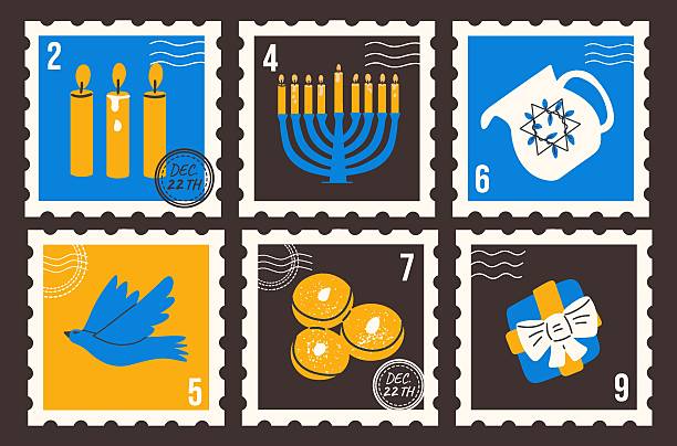 Set of vintage Hanukkah stamps with traditional symbols Menorah, donuts, jug. Festive vector hand drawn design elements.