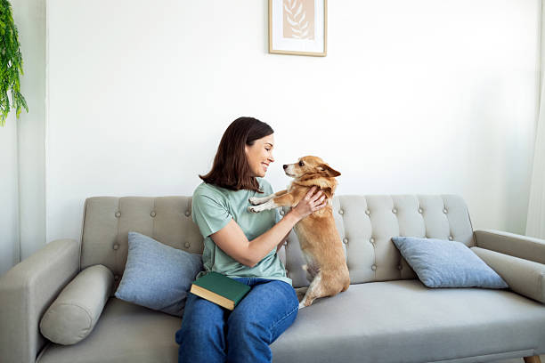 istock Woman enjoying quality time with her dog on sofa 2214583888