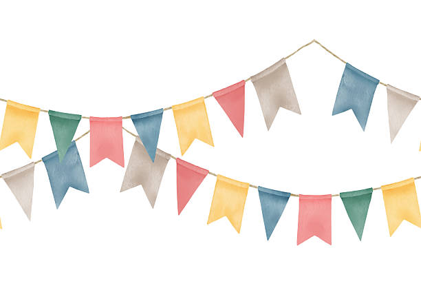 istock Colorful flags on a festive garland. Seamless horizontal curb. Watercolor illustration. A children's garland for a holiday, isolated on white background. For postcards, stickers, textiles, invitations 2214585065