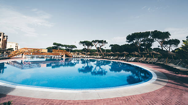 istock Circular pool with wooden bridge 2214585637