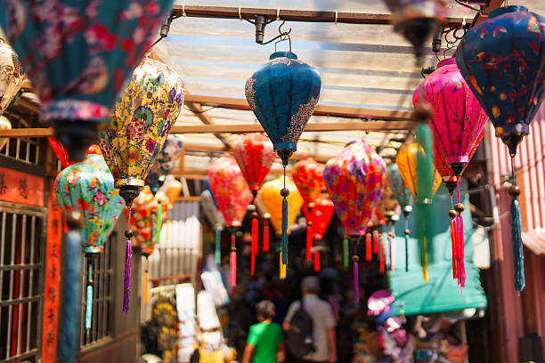 Traditional lanterns in Malaysia, Traditional colorful silk lanterns at market street in Malaysia.