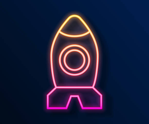 istock Glowing neon line Rocket ship toy icon isolated on black background. Space travel. Vector 2214588396