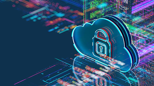 Cloud computing sign with lock. Digital data security concept. abstract data code stock photo