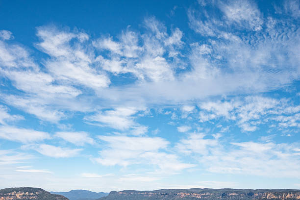 Wispy cirrus clouds and patchy altocumulus formations scatter across the sky, creating a layered texture above a rugged mountain range.