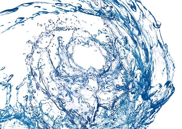 Abstract 3d illustration with swirling blue waves and splashes on white background