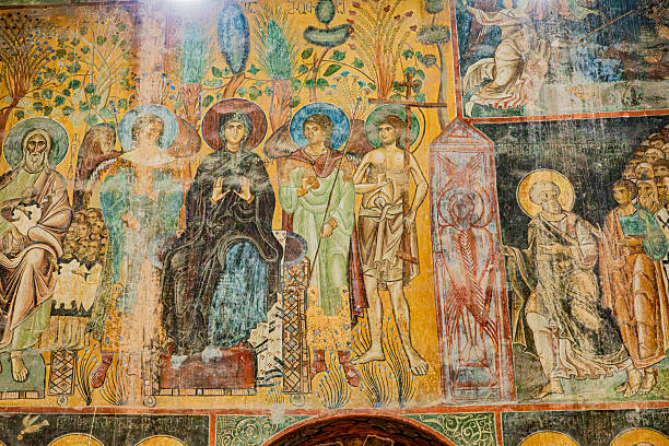 Sovana, Tuscany, Italy: A medieval fresco of the Virgin Mary inside Santa Maria Maggiore, a 13th-century Romanesque church in Sovana, Tuscany, a village near Pitigliano.