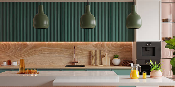 istock Modern kitchen with green cabinets and wood backsplash- 3D rendering 2214606934