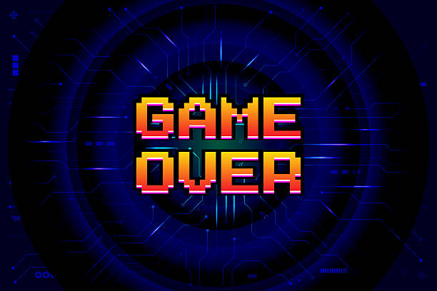 istock Game Over, Retro games for game assets in retro futuristic sci-fi background vector illustration. Glowing neon from an old arcade 2214609889