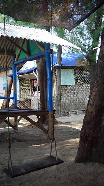 Rustic beachside swing set near simple huts.  Sandy ground, wooden structure, blue accents