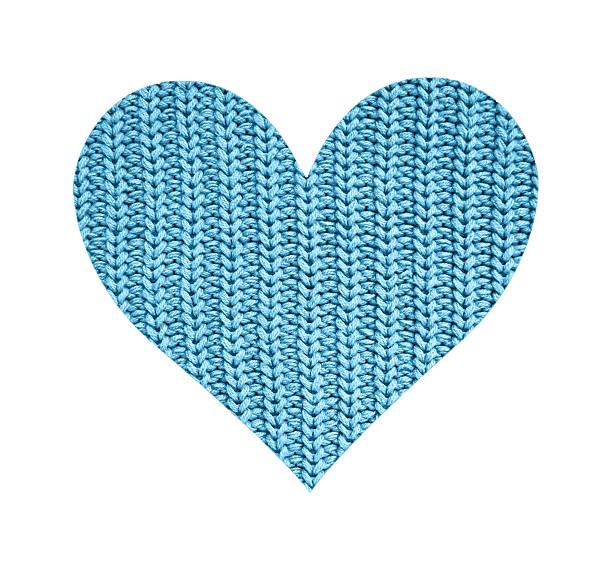 The heart is filled with a knitted texture. Blue color. Isolated on white background. Uniform vertical stitches. Valentine's Day. Love. Romance. Wedding.