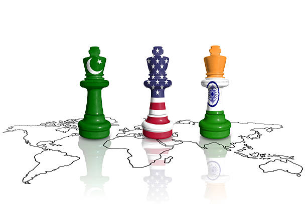 istock Chess made from Pakistan, India and USA flags on a world map 2214618237