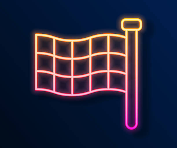 istock Glowing neon line Checkered flag icon isolated on black background. Racing flag. Vector 2214619424