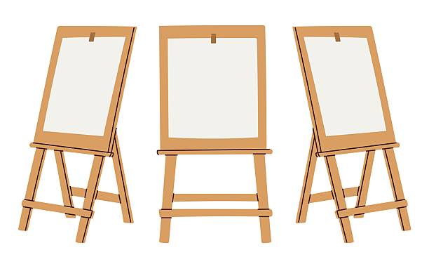 istock Wooden drawing easels with white blank sheet. Clean picture plank holder. Stationery for painting. Painters accessory. Artwork canvas view angles. Artistic equipment. Art stuff vector set 2214624864