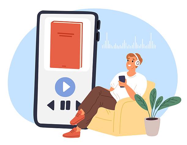 ヘッドフォンを着けた男が柔らかい椅子に座って、面白いオーディオブックを聴いています。オンラインライブラリアプリケーション。ヘッドセットとスマートフォンを装着した男。電話の� - オーディオブック点のイラスト素材/クリップアート素材/マンガ素材/アイコン素材