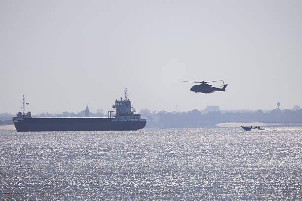 Sea Rescue Helicopter Takes Off from Rotterdam harbour area.