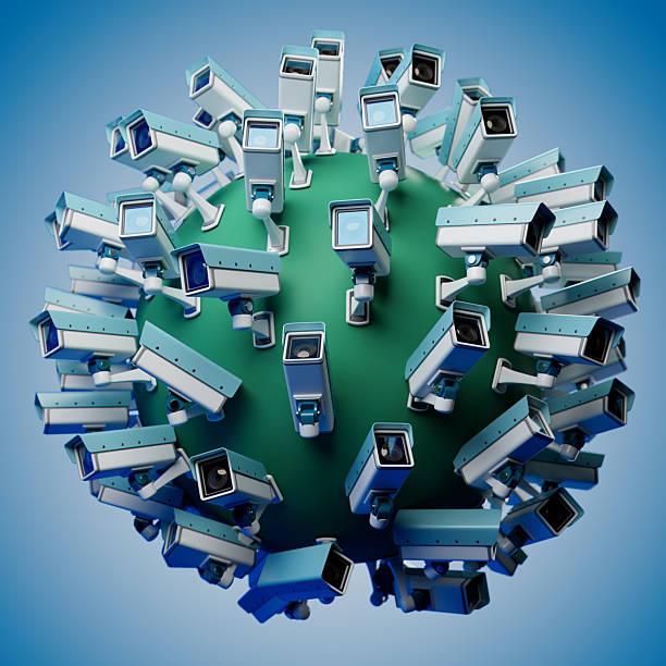 A conceptual image depicting numerous surveillance cameras mounted on a globe, symbolizing worldwide surveillance, privacy issues, and security. Illustrated with a modern color palette and striking visuals.