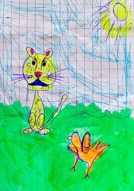 istock Yellow tiger and orange bird on green grass and sun drawn by child using pen and felt tip pens 2214627154