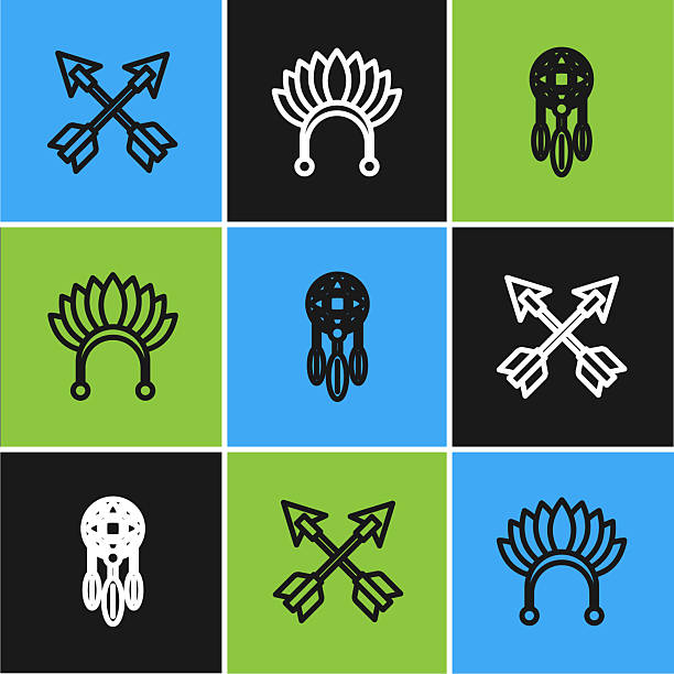 Set line Crossed arrows, Dream catcher with feathers and Indian headdress icon. Vector Set line Crossed arrows, Dream catcher with feathers and Indian headdress icon. Vector. cherokee clip art stock illustrations