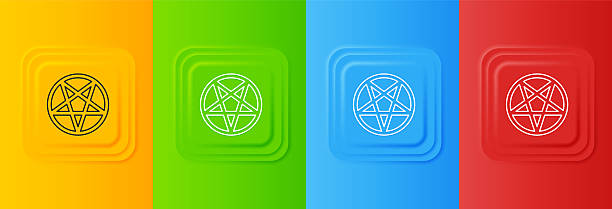 istock White Pentagram in a circle icon isolated on colorful background. Magic occult star symbol. Set icons in square buttons. Vector 2214630728