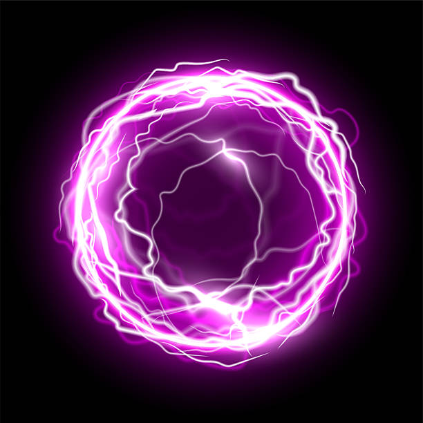 istock Light energy ball. Glowing purple power sphere with electric lightning effect on black background. Futuristic plasma ball, magic orb, game portal. Abstract vector illustration 2214630771
