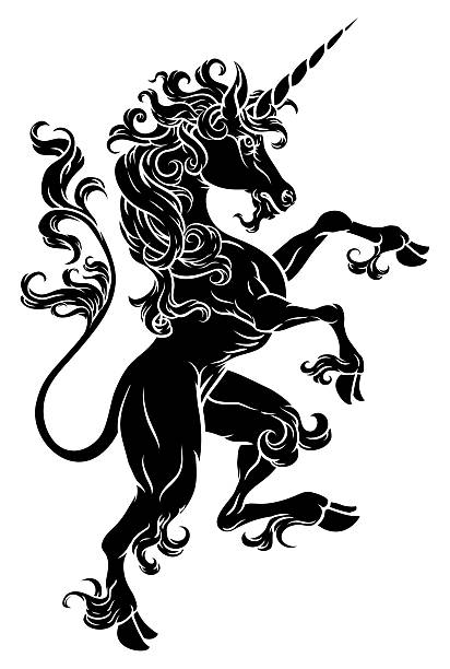 Unicorn horn horse mythological animal from myth. For a crest in rampant pose. Heraldic coat of arms heraldry design element in a vintage illustration style.