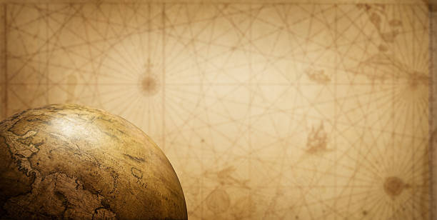 Ancient globe on the old map background. Retro style. Science, education, travel, vintage background. History and geography team.